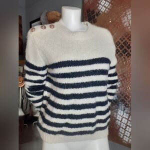 Nwot Zara Wool Blend Cream And Navy Striped Sweater